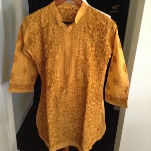 Mustard yellow cotton Lucknowi embroidered shirt